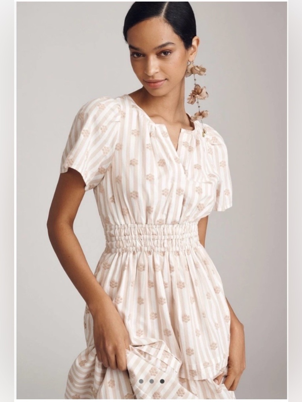 Anthropologie Cream and Tan High-Low Smocked Midi Dress